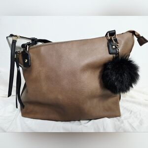 Carpisa Two Tone Large Faux Leather Tote with Fuzzy Black Bag Charm